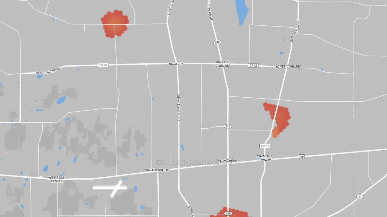 Walk Grade map of Perry Center, NY, walkable areas in green and car-dependent areas in red
