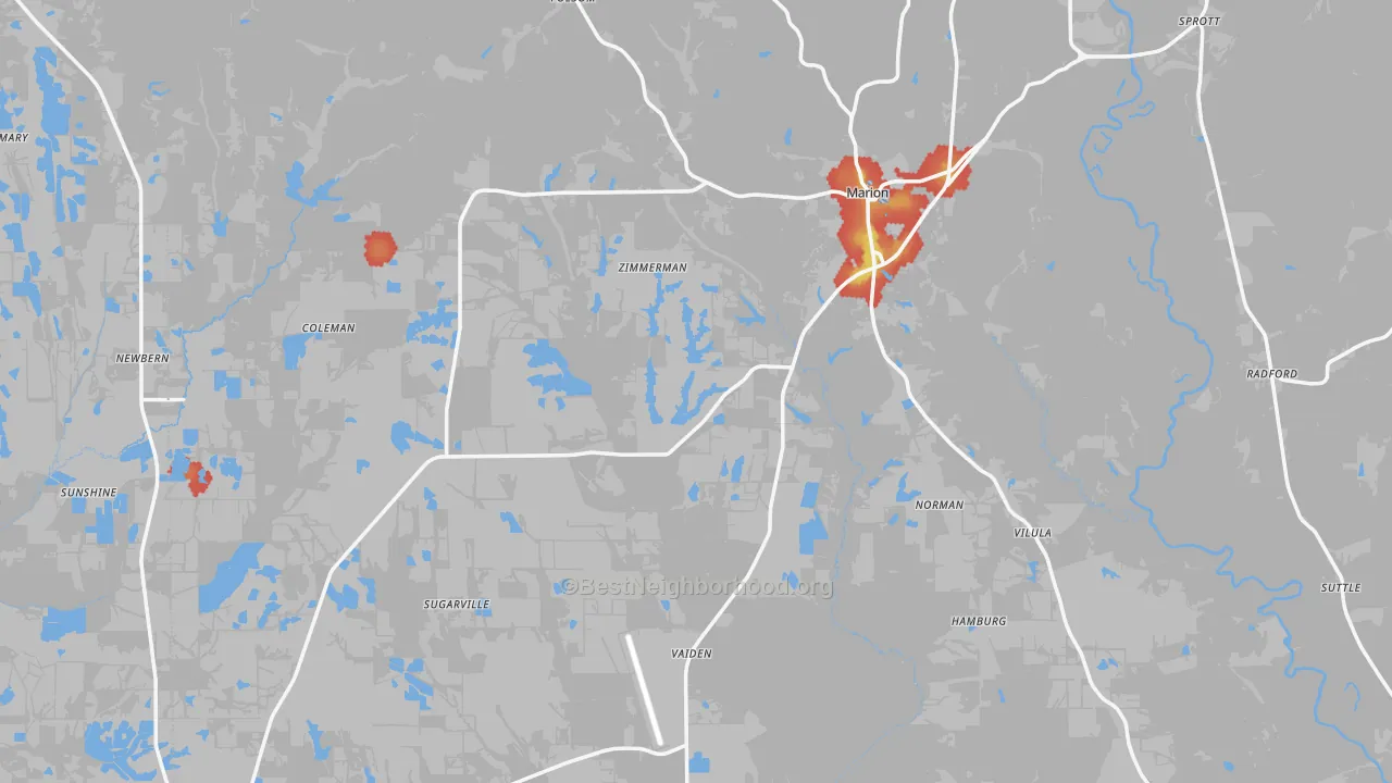 Walk Grade map of Perry County, AL, walkable areas in green and car-dependent areas in red