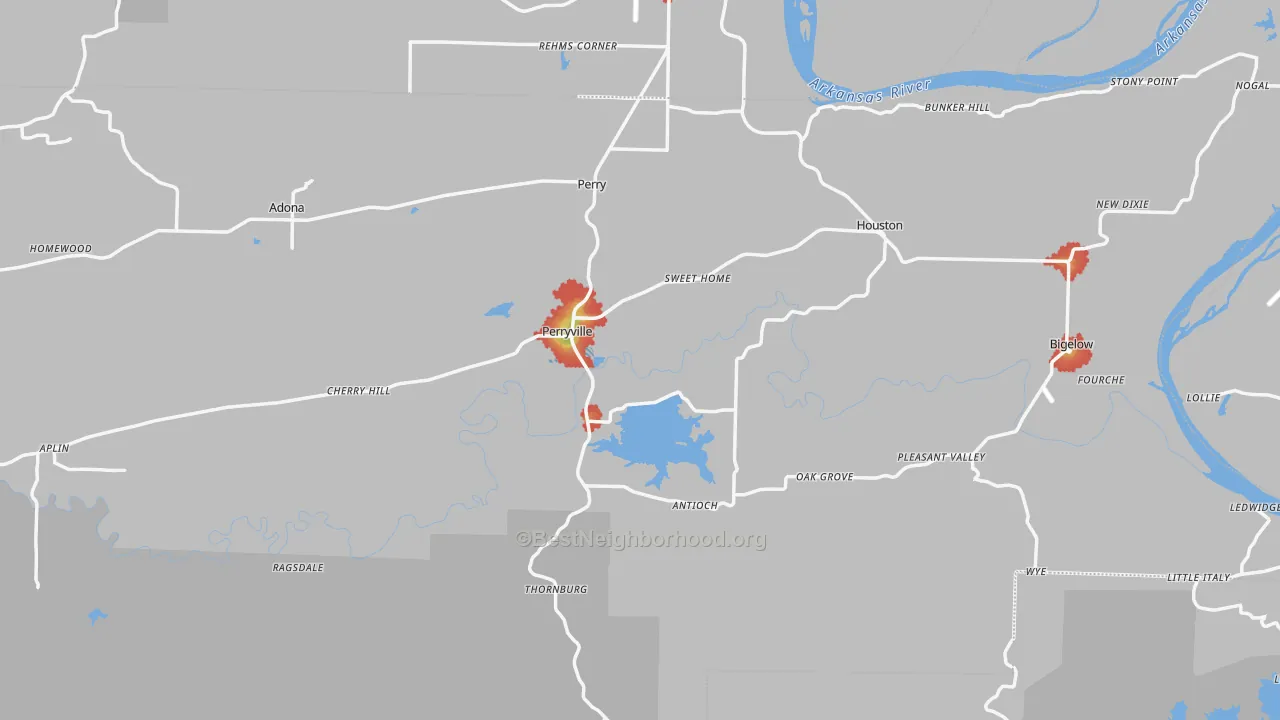 Walk Grade map of Perry County, AR, walkable areas in green and car-dependent areas in red