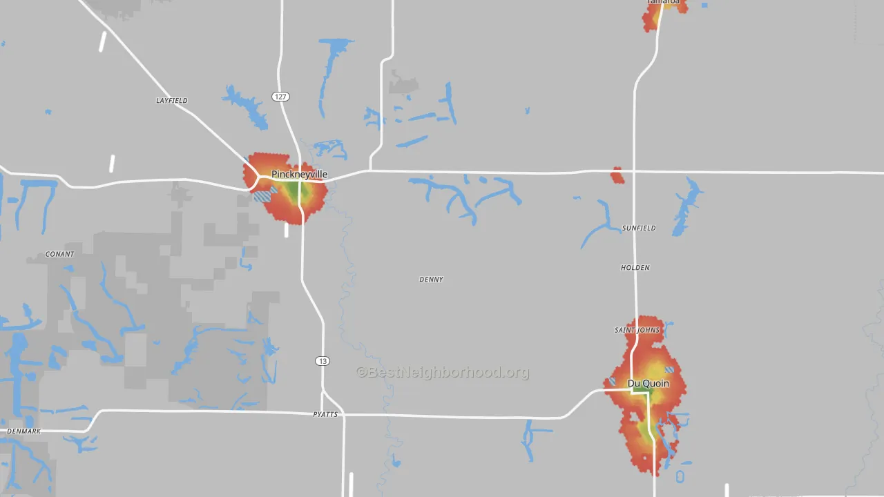 Walk Grade map of Perry County, IL, walkable areas in green and car-dependent areas in red