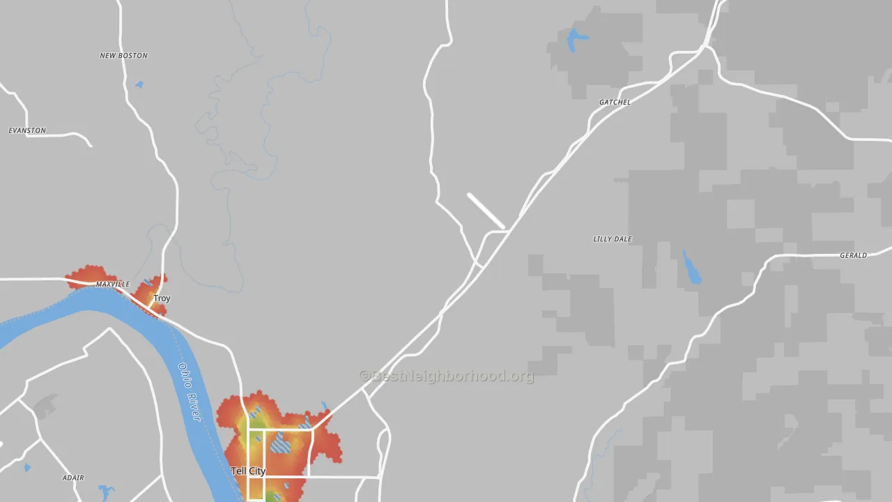 Walk Grade map of Perry County, IN, walkable areas in green and car-dependent areas in red