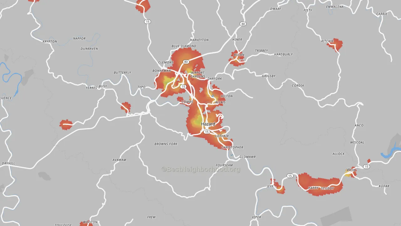 Walk Grade map of Perry County, KY, walkable areas in green and car-dependent areas in red