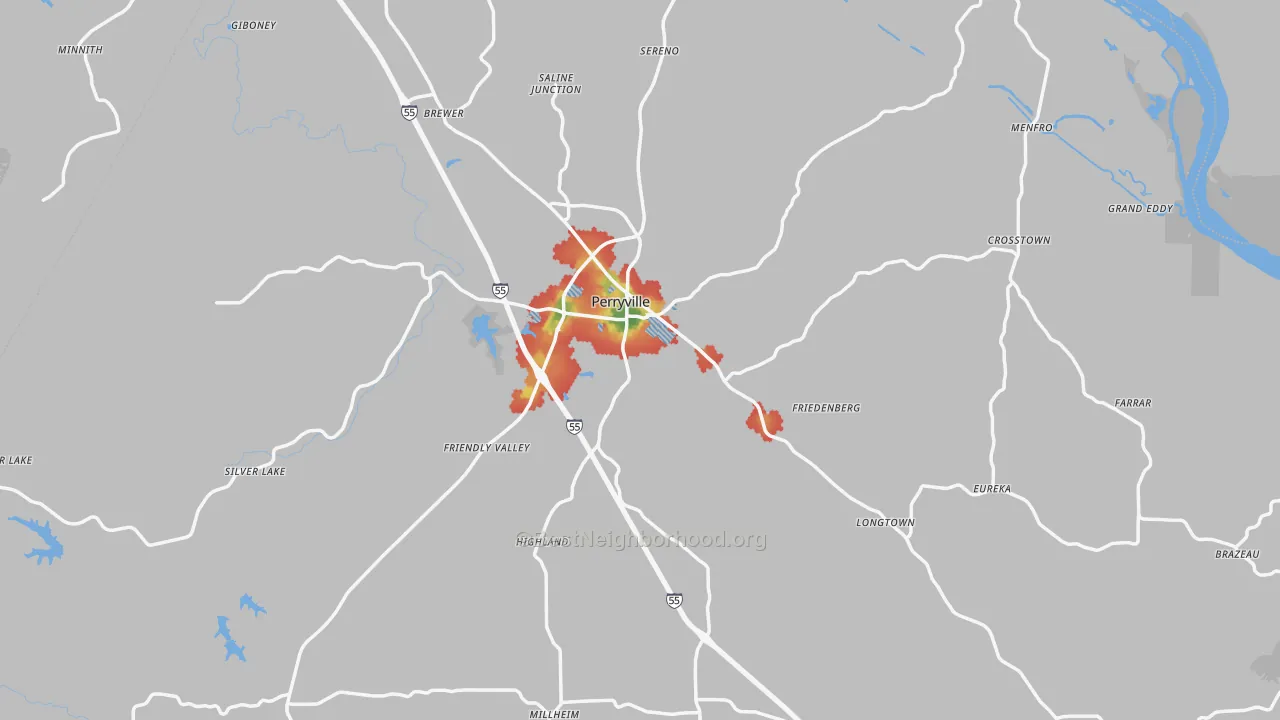 Walk Grade map of Perry County, MO, walkable areas in green and car-dependent areas in red