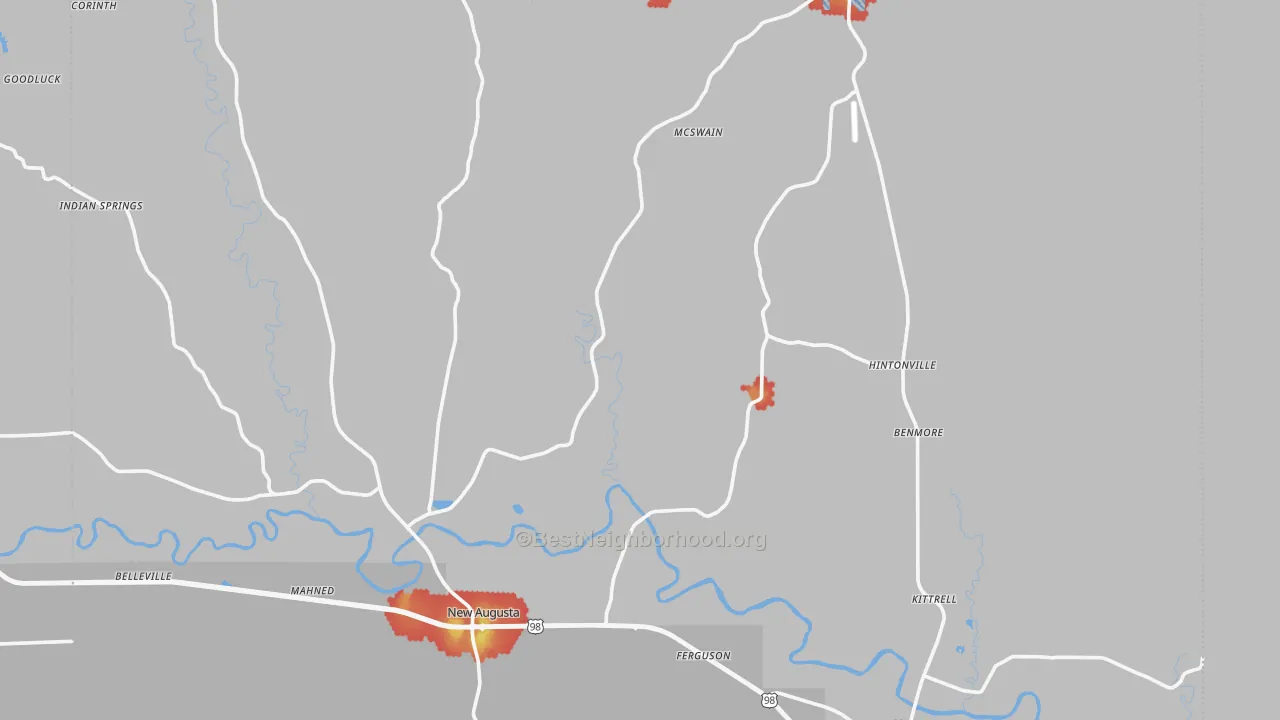 Walk Grade map of Perry County, MS, walkable areas in green and car-dependent areas in red