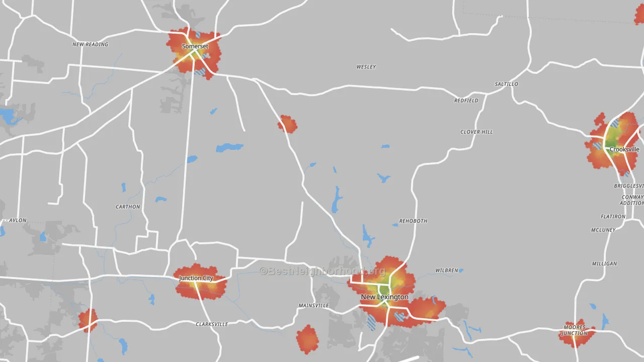Walk Grade map of Perry County, OH, walkable areas in green and car-dependent areas in red