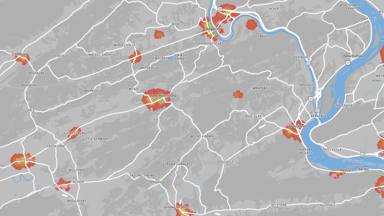 Walk Grade map of Perry County, PA, walkable areas in green and car-dependent areas in red