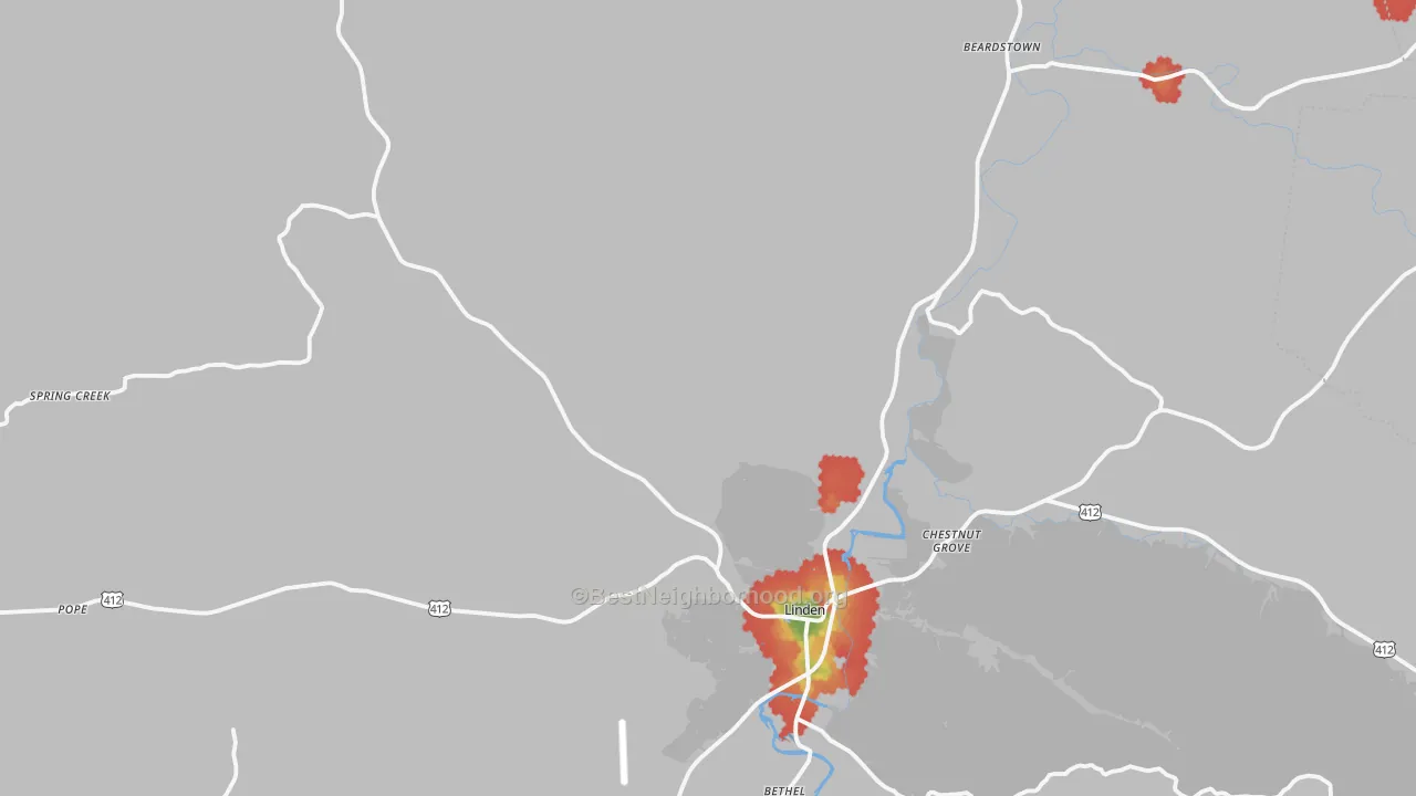 Walk Grade map of Perry County, TN, walkable areas in green and car-dependent areas in red