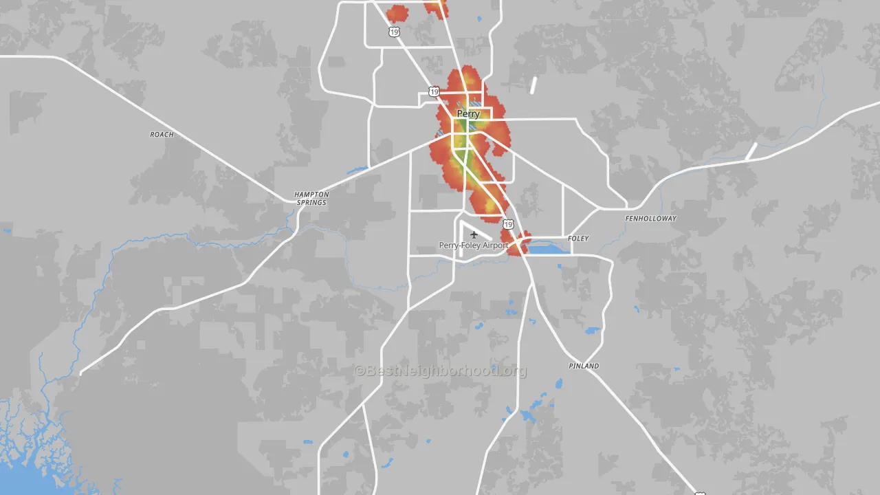 Walk Grade map of Perry, FL, walkable areas in green and car-dependent areas in red