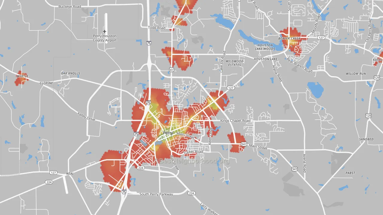 Walk Grade map of Perry, GA, walkable areas in green and car-dependent areas in red