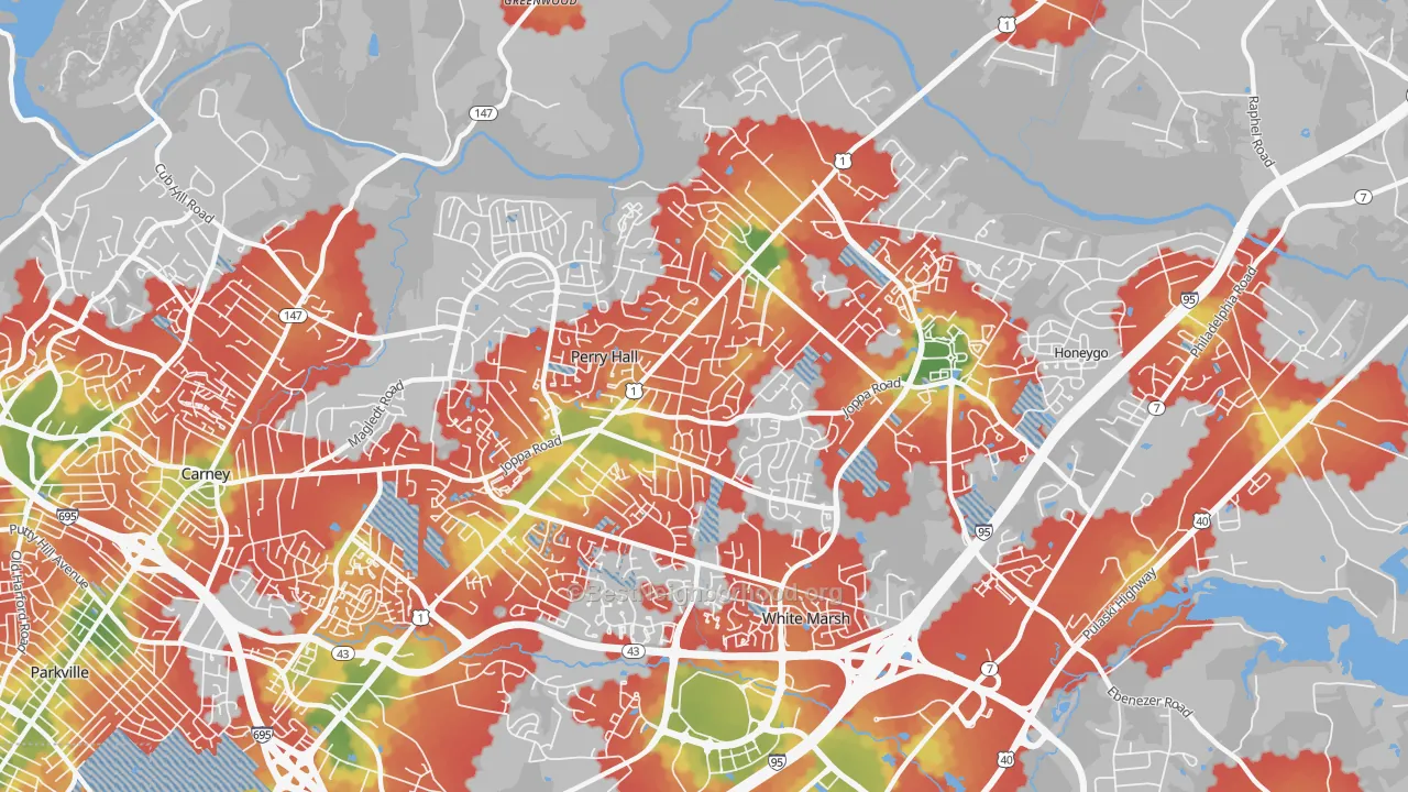 Walk Grade map of Perry Hall, MD, walkable areas in green and car-dependent areas in red