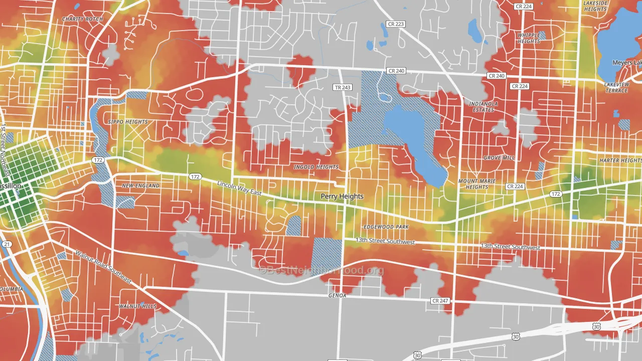 Walk Grade map of Perry Heights, OH, walkable areas in green and car-dependent areas in red