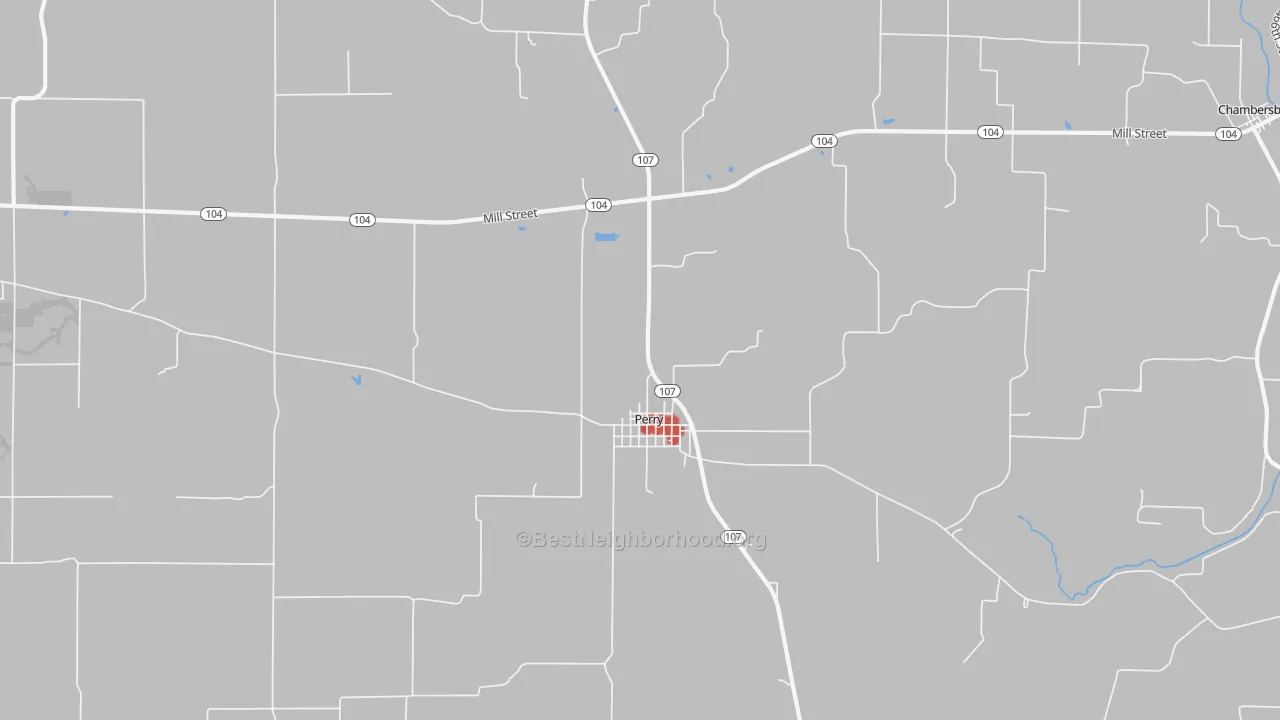 Walk Grade map of Perry, IL, walkable areas in green and car-dependent areas in red