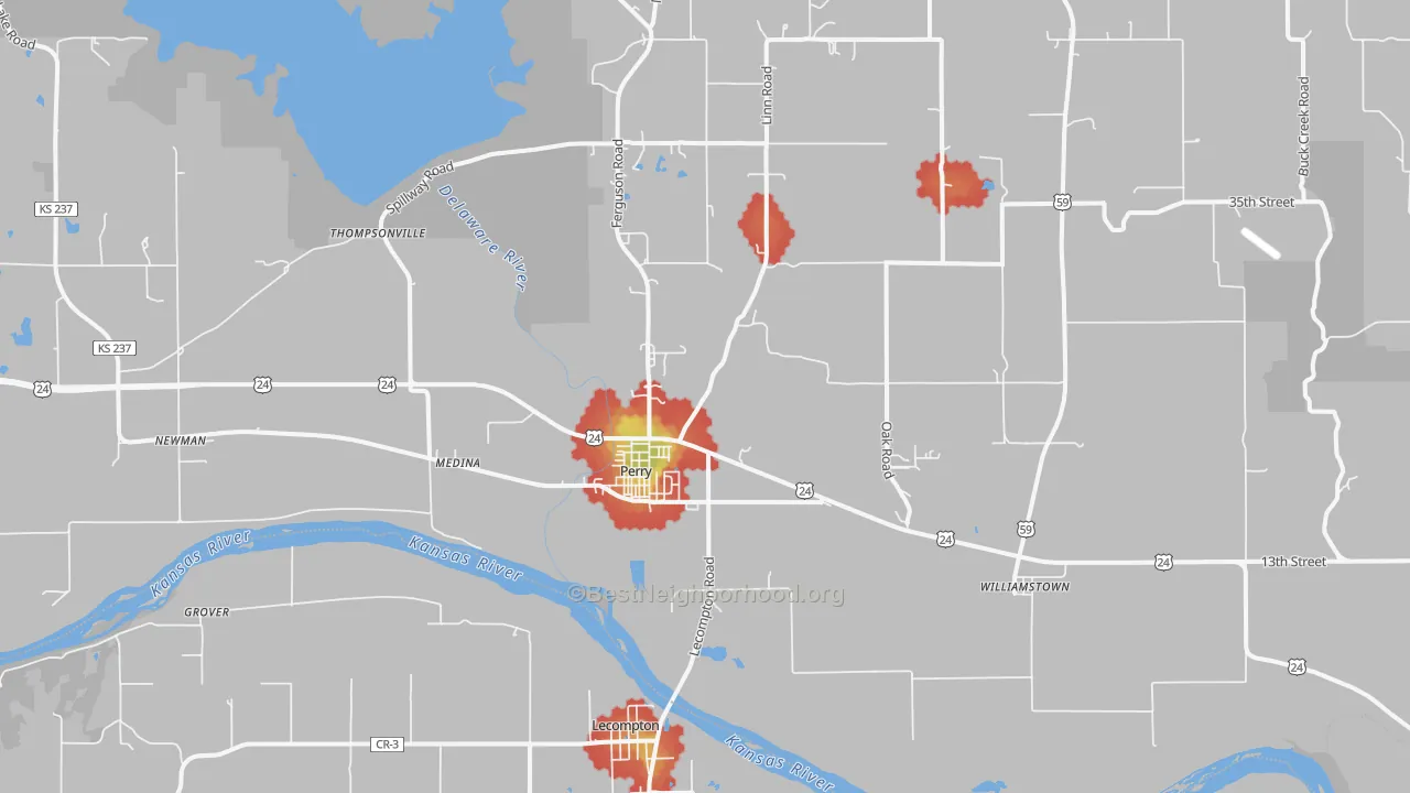 Walk Grade map of Perry, KS, walkable areas in green and car-dependent areas in red