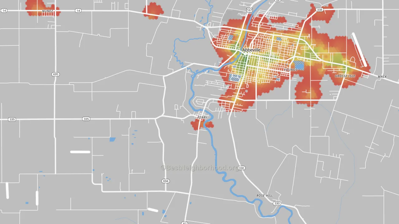 Walk Grade map of Perry, LA, walkable areas in green and car-dependent areas in red