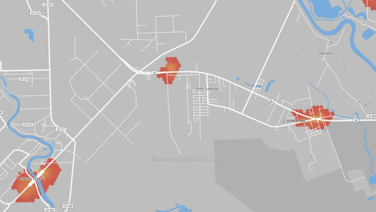 Walk Grade map of Perry Landing, TX, walkable areas in green and car-dependent areas in red