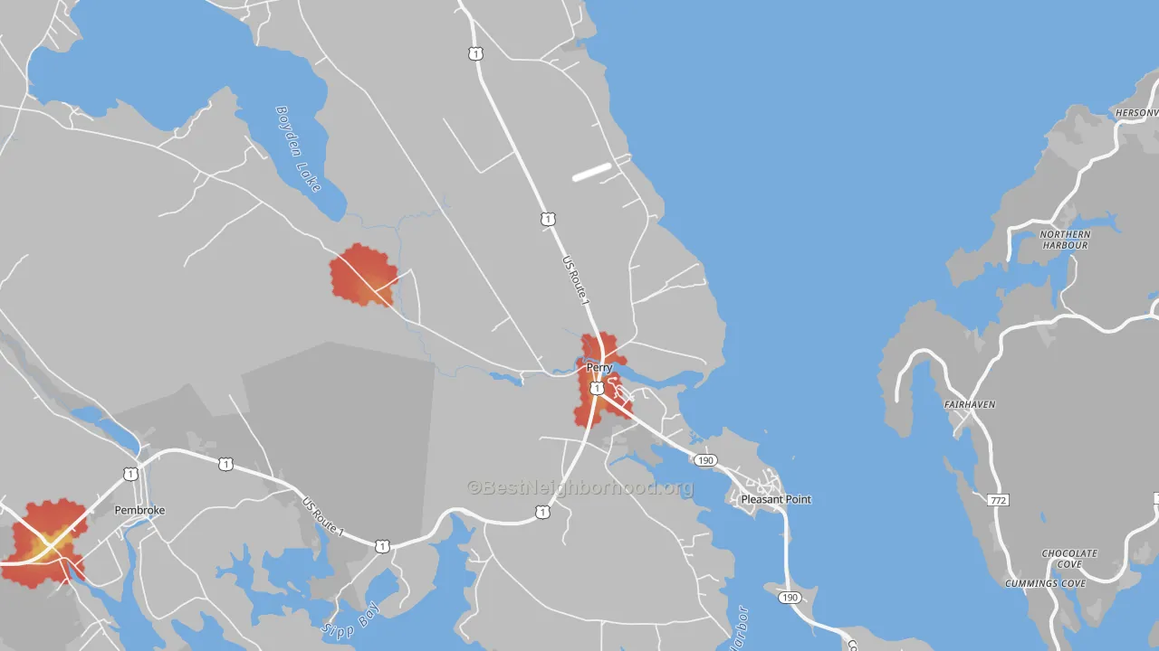 Walk Grade map of Perry, ME, walkable areas in green and car-dependent areas in red
