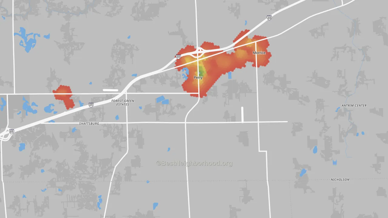Walk Grade map of Perry, MI, walkable areas in green and car-dependent areas in red