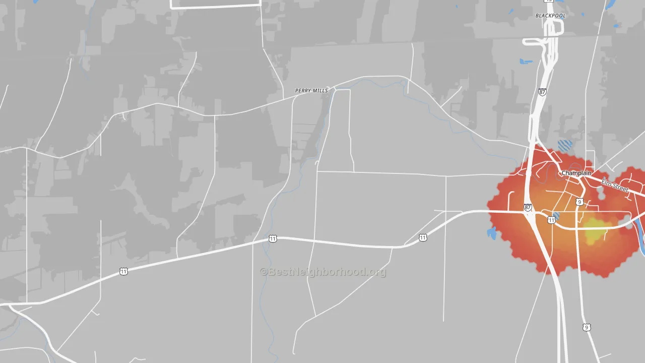 Walk Grade map of Perry Mills, NY, walkable areas in green and car-dependent areas in red