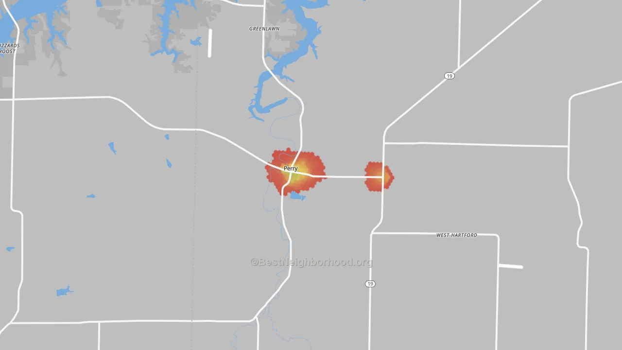 Walk Grade map of Perry, MO, walkable areas in green and car-dependent areas in red
