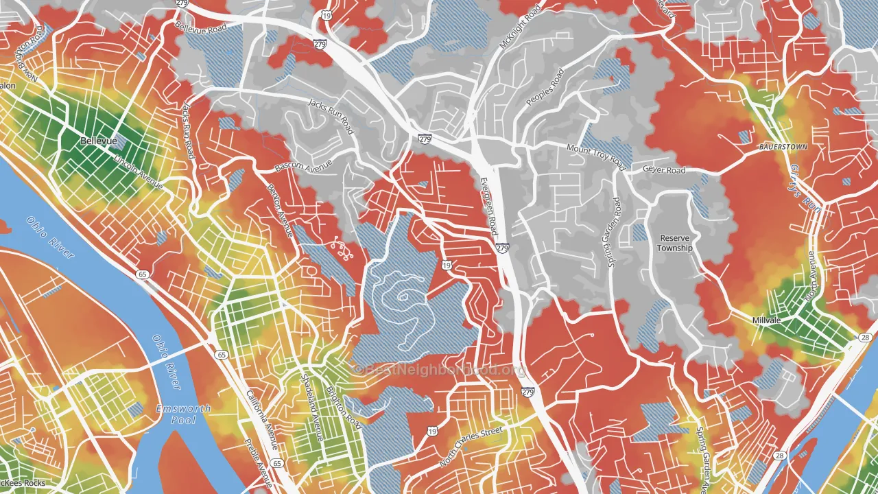 Walk Grade map of Perry North, Pittsburgh, PA, walkable areas in green and car-dependent areas in red