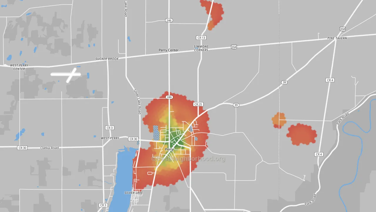 Walk Grade map of Perry, NY, walkable areas in green and car-dependent areas in red