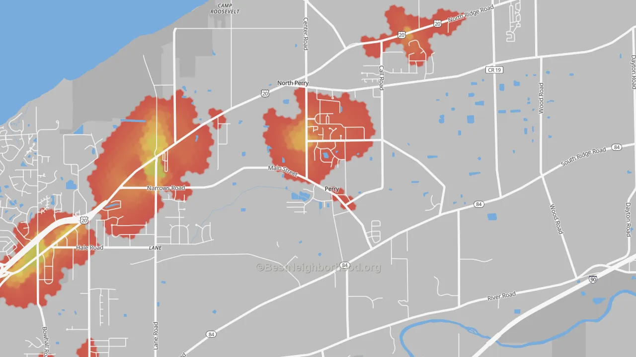 Walk Grade map of Perry, OH, walkable areas in green and car-dependent areas in red