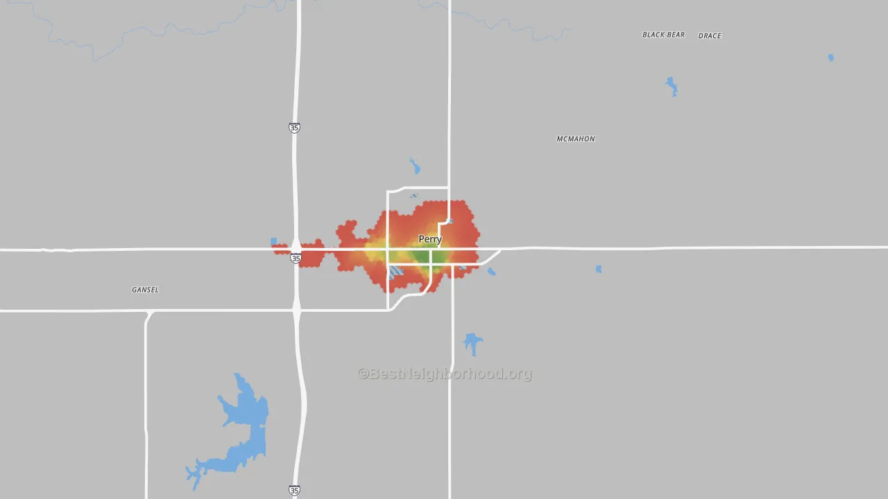 Walk Grade map of Perry, OK, walkable areas in green and car-dependent areas in red