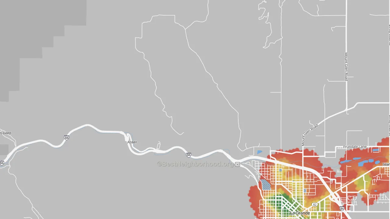 Walk Grade map of Perry, OR, walkable areas in green and car-dependent areas in red