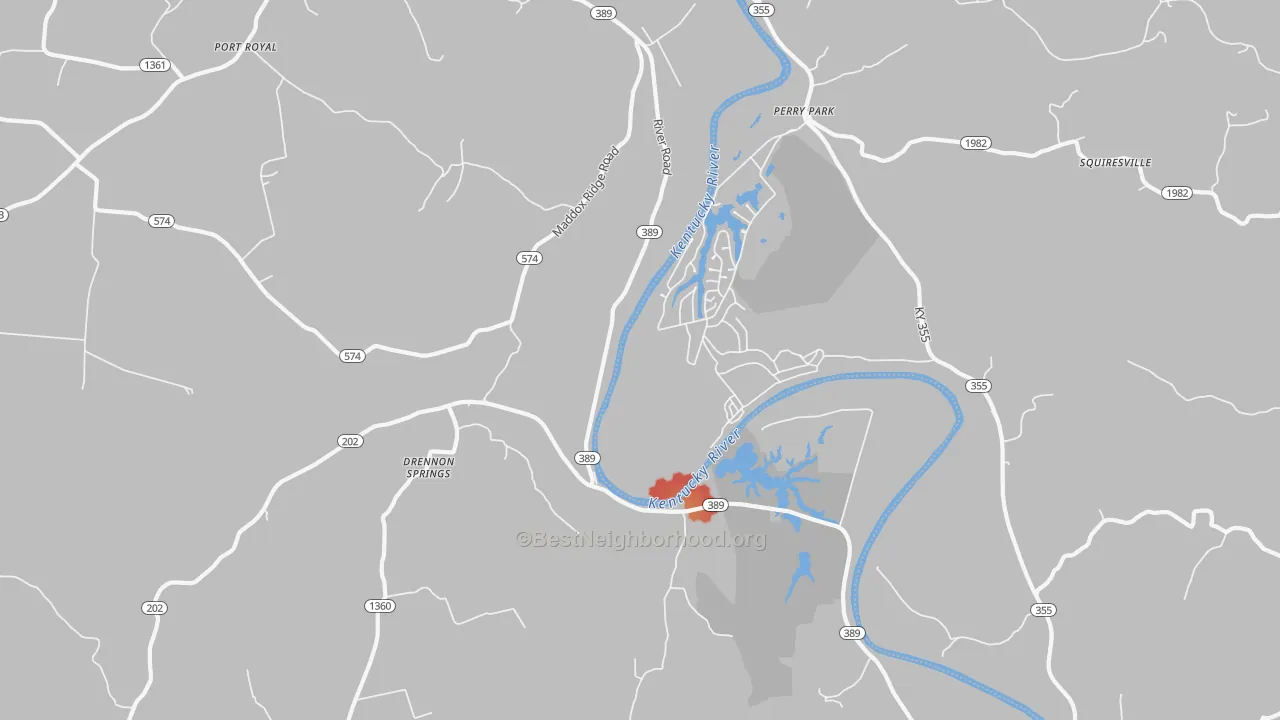 Walk Grade map of Perry Park, KY, walkable areas in green and car-dependent areas in red
