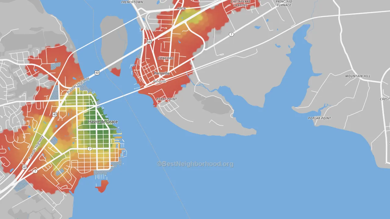Walk Grade map of Perry Point, MD, walkable areas in green and car-dependent areas in red