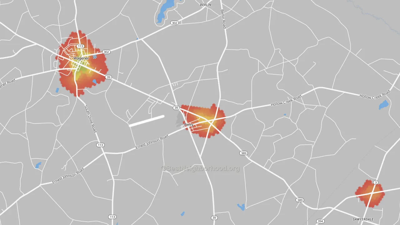 Walk Grade map of Perry, SC, walkable areas in green and car-dependent areas in red
