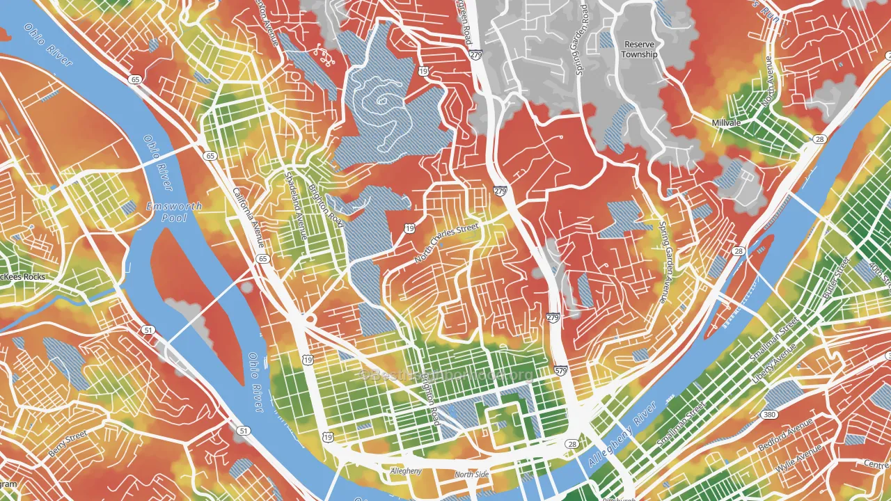 Walk Grade map of Perry South, Pittsburgh, PA, walkable areas in green and car-dependent areas in red