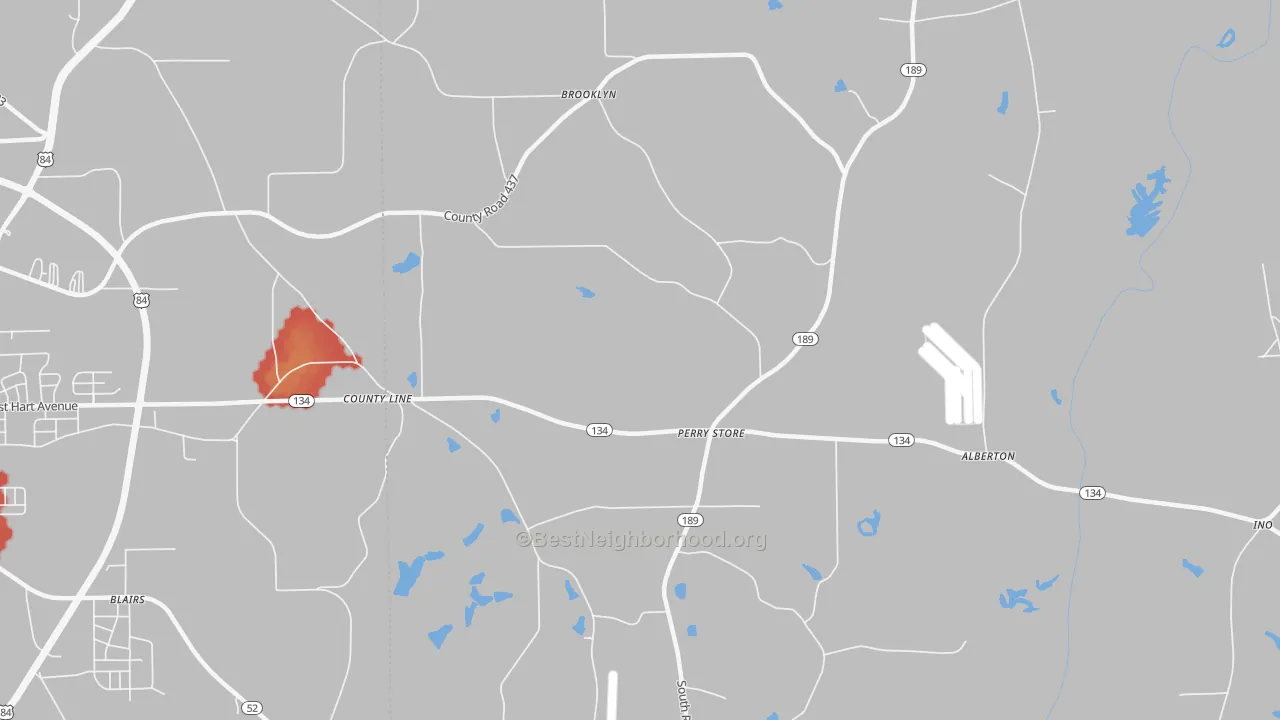 Walk Grade map of Perry Store, AL, walkable areas in green and car-dependent areas in red