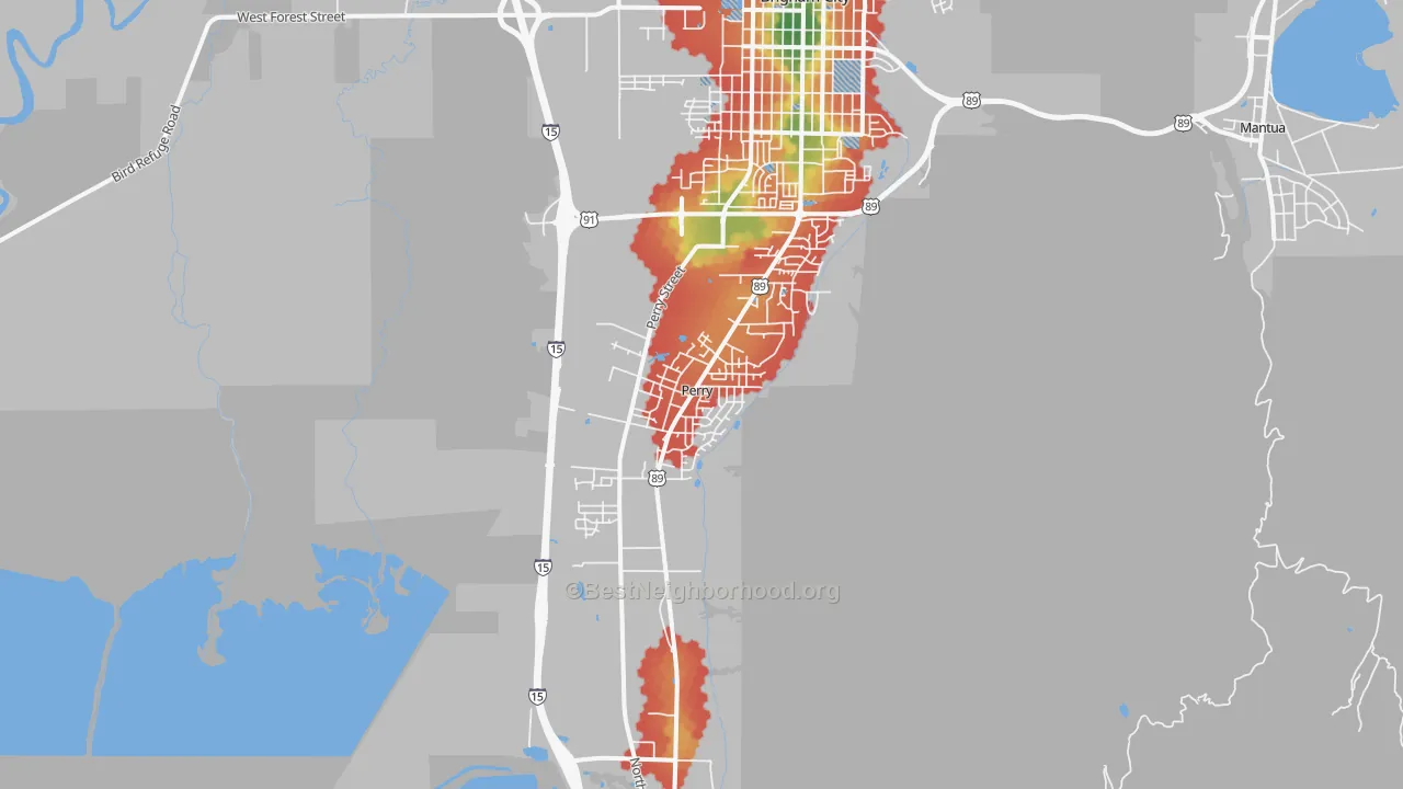 Walk Grade map of Perry, UT, walkable areas in green and car-dependent areas in red