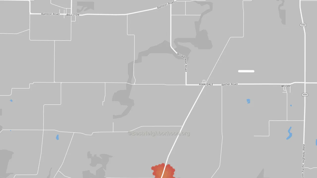 Walk Grade map of Perrydale, OR, walkable areas in green and car-dependent areas in red