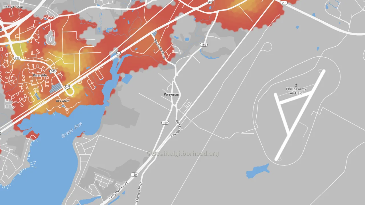 Walk Grade map of Perryman, MD, walkable areas in green and car-dependent areas in red