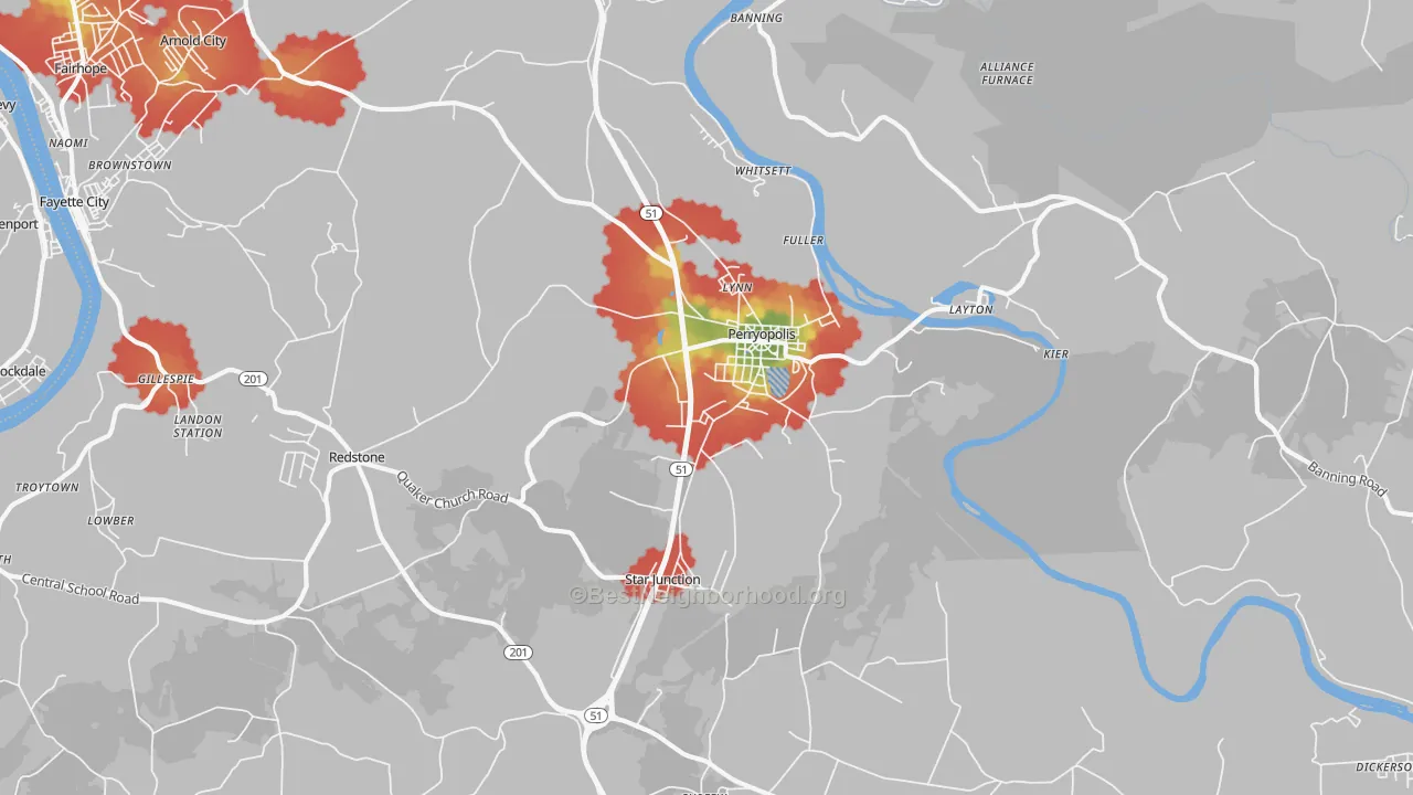 Walk Grade map of Perryopolis, PA, walkable areas in green and car-dependent areas in red