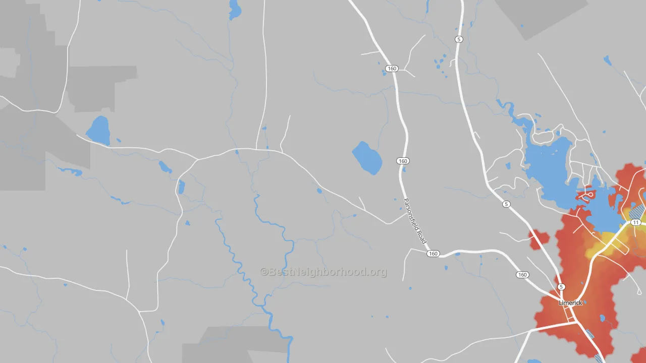 Walk Grade map of Perrys Corner, ME, walkable areas in green and car-dependent areas in red