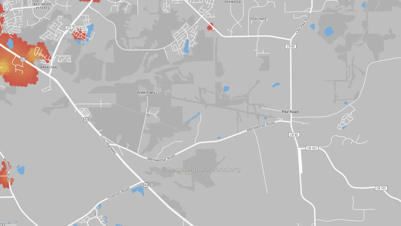 Walk Grade map of Perrys Mill, AL, walkable areas in green and car-dependent areas in red