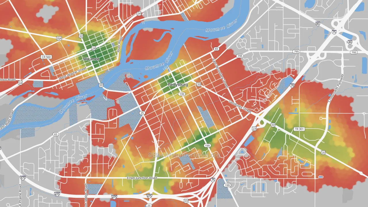 Walk Grade map of Perrysburg Historic District, Perrysburg, OH, walkable areas in green and car-dependent areas in red