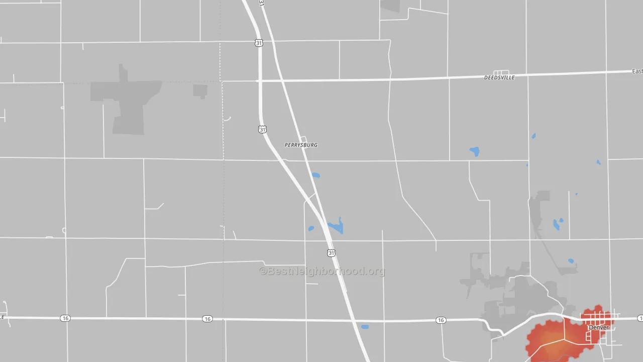 Walk Grade map of Perrysburg, IN, walkable areas in green and car-dependent areas in red