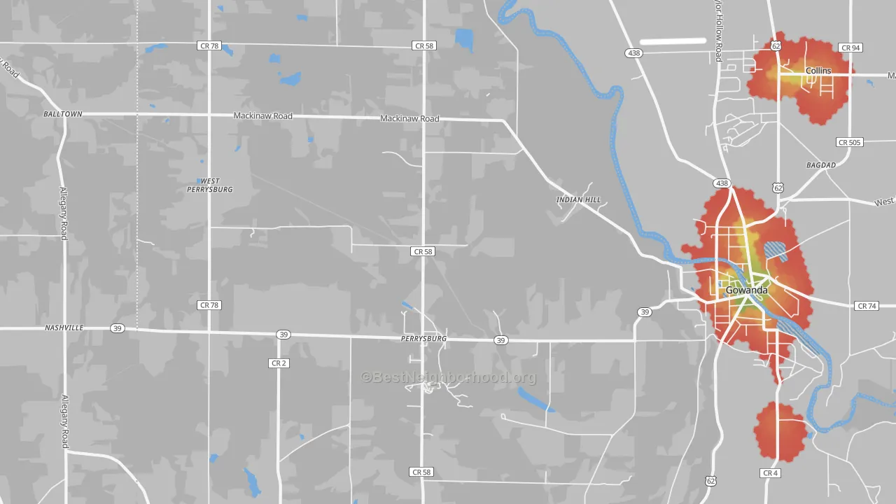 Walk Grade map of Perrysburg, NY, walkable areas in green and car-dependent areas in red