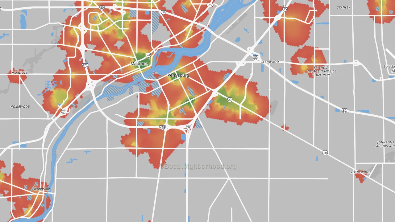 Walk Grade map of Perrysburg, OH, walkable areas in green and car-dependent areas in red