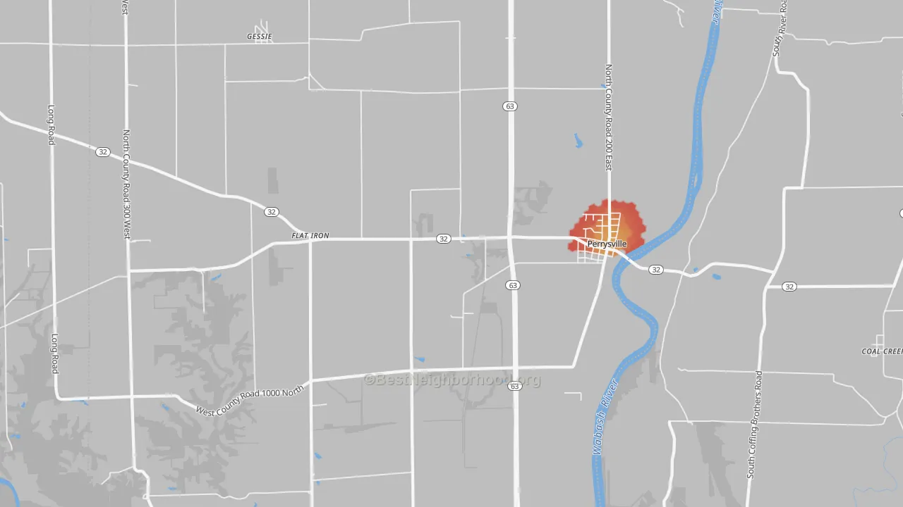 Walk Grade map of Perrysville, IN, walkable areas in green and car-dependent areas in red