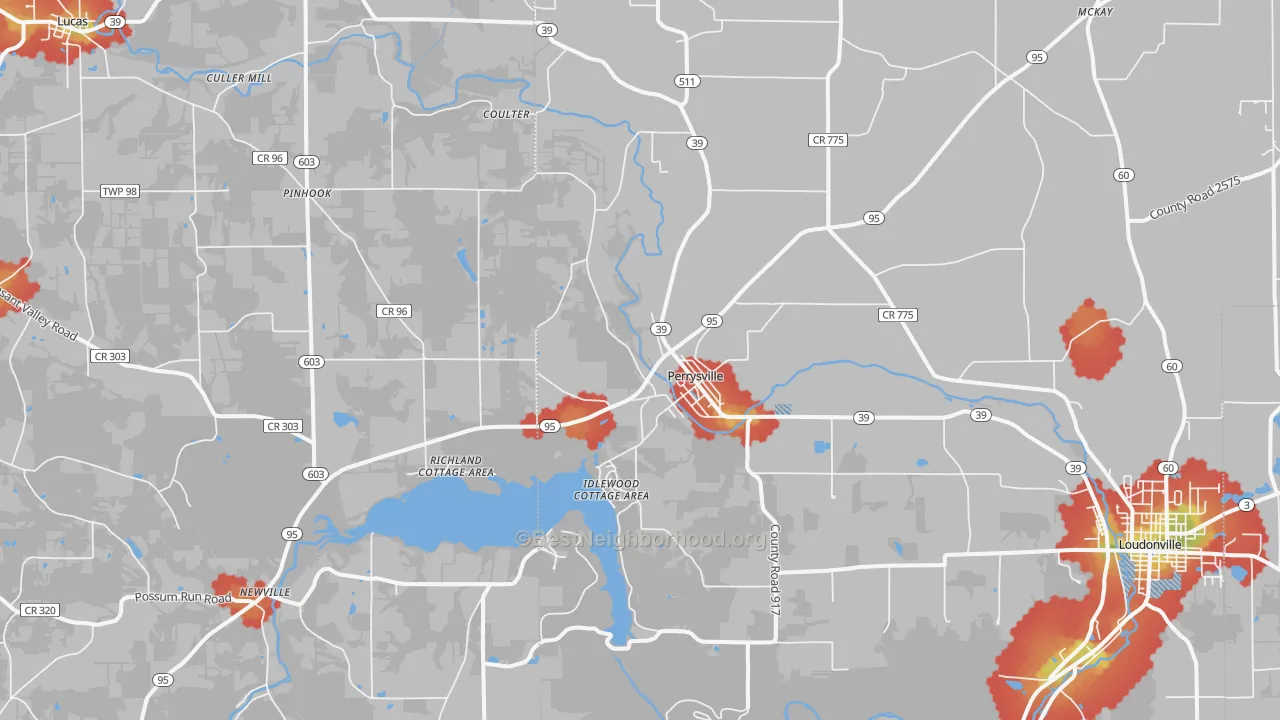 Walk Grade map of Perrysville, OH, walkable areas in green and car-dependent areas in red