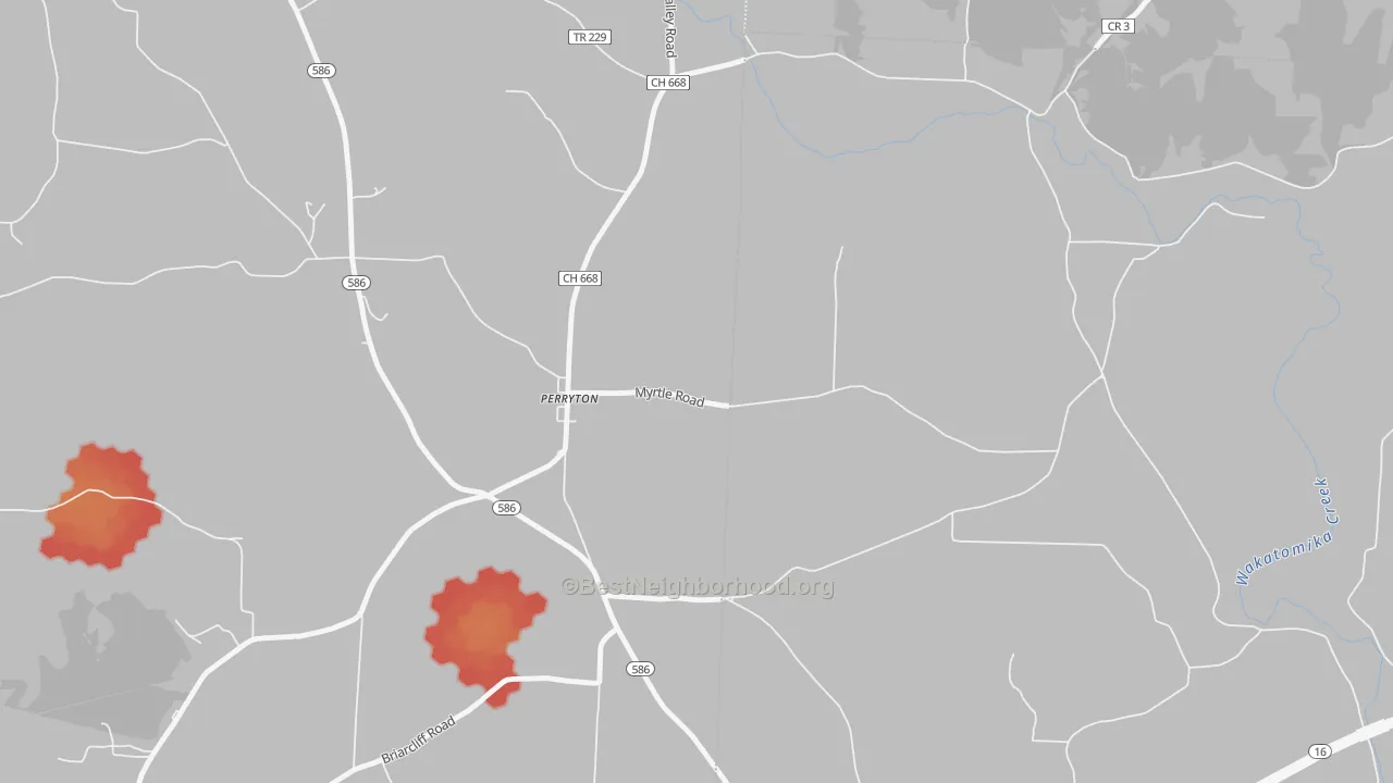 Walk Grade map of Perryton, OH, walkable areas in green and car-dependent areas in red