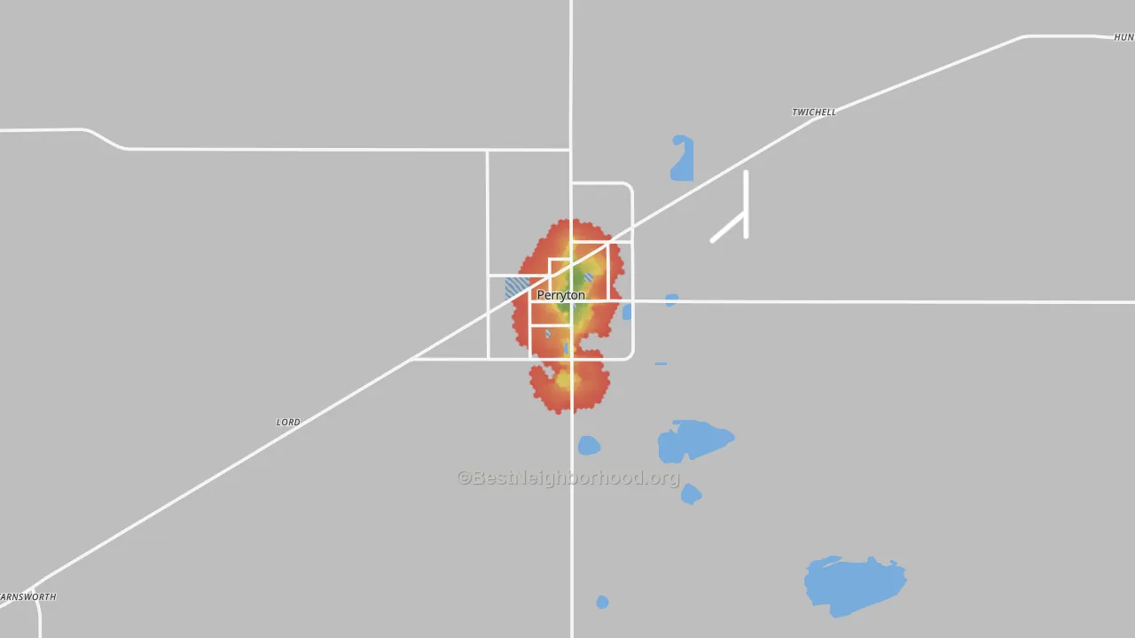 Walk Grade map of Perryton, TX, walkable areas in green and car-dependent areas in red