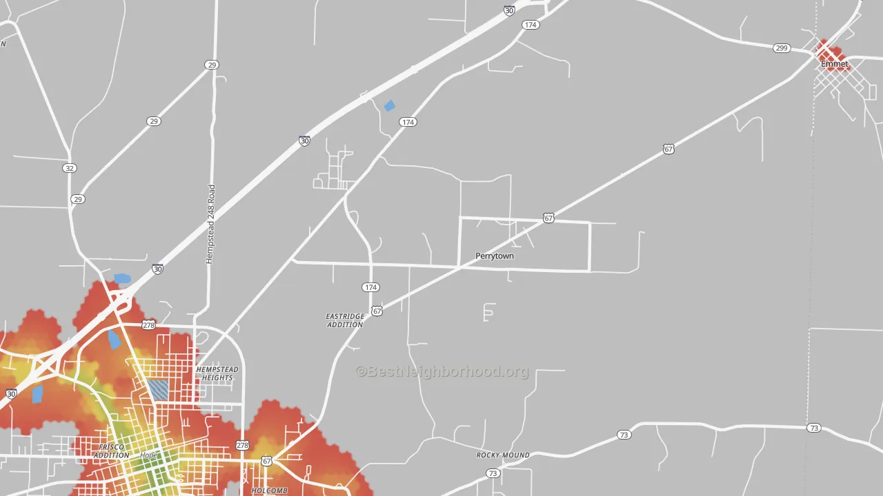 Walk Grade map of Perrytown, AR, walkable areas in green and car-dependent areas in red