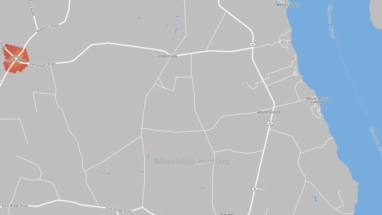 Walk Grade map of Perrytown, NC, walkable areas in green and car-dependent areas in red