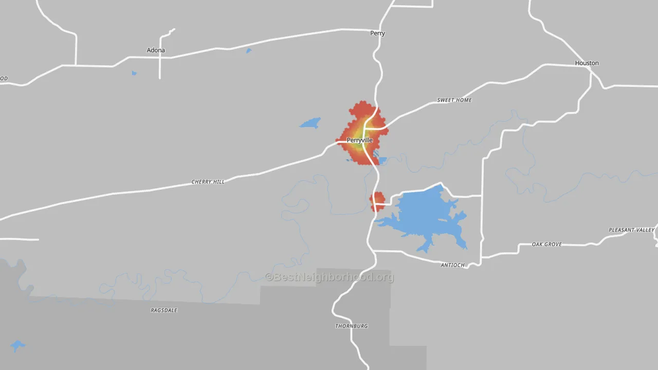 Walk Grade map of Perryville, AR, walkable areas in green and car-dependent areas in red